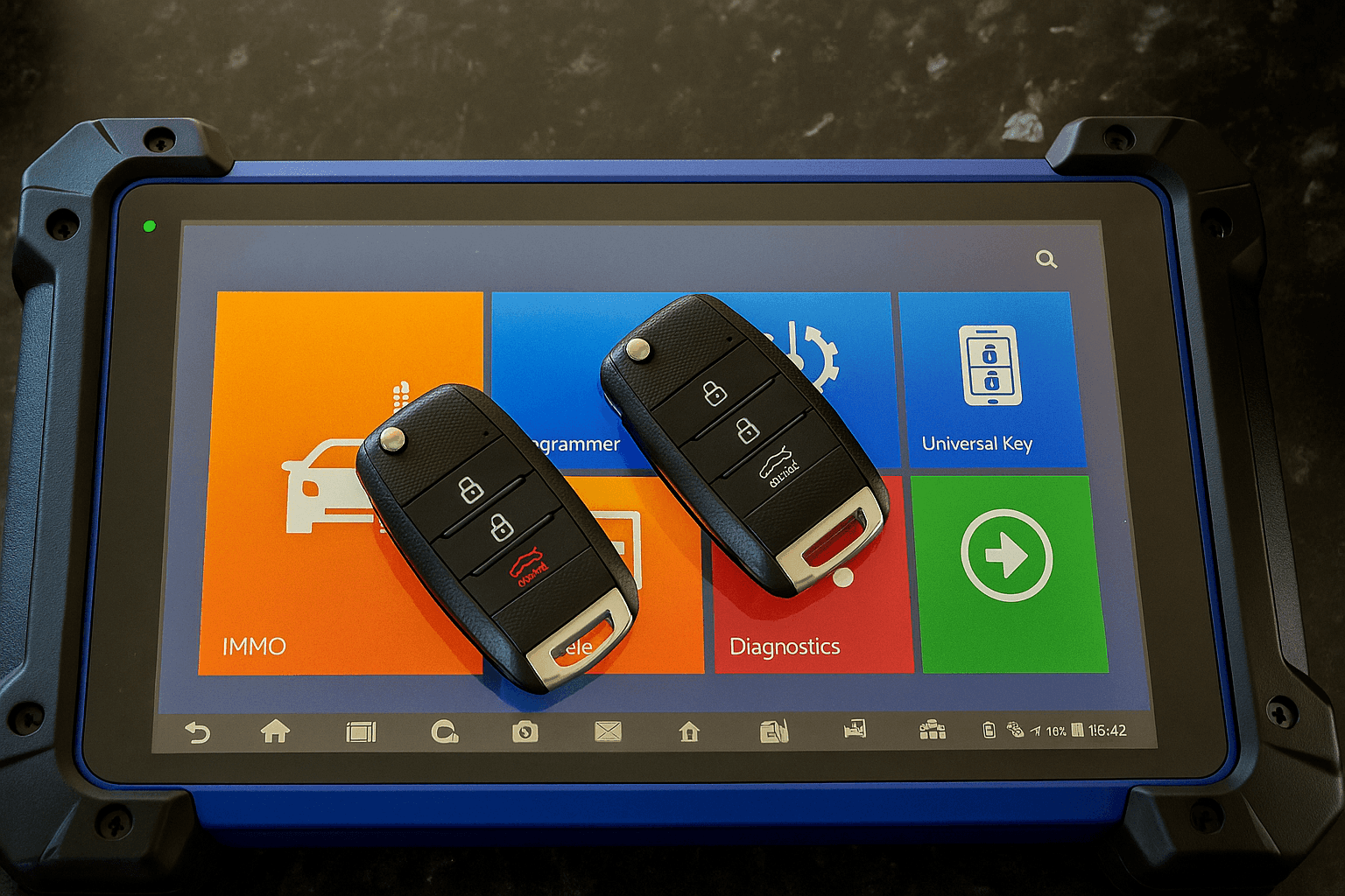 Two car key fobs placed on a touchscreen device displaying auto diagnostics and key programming options.